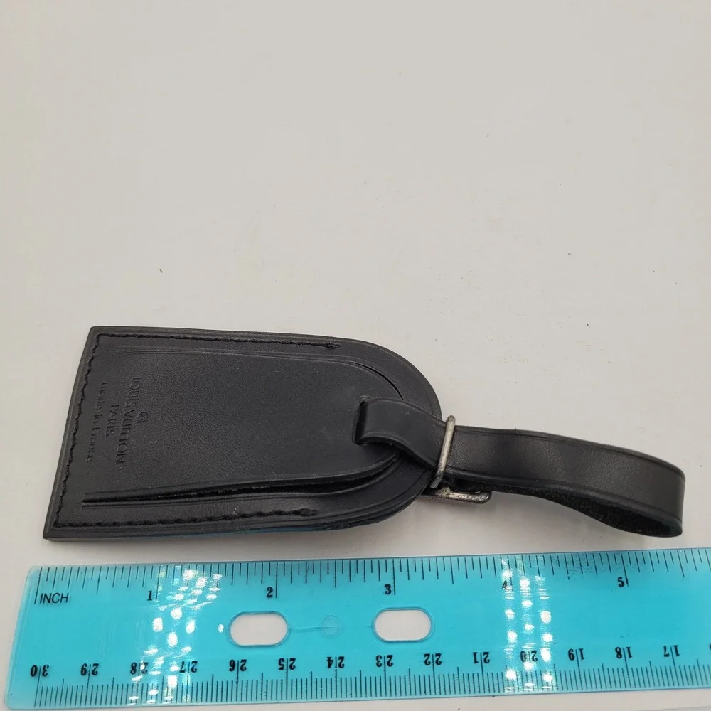 Louis Vuitton Black Leather Luggage Tag Silver Buckle France Travel Accessory